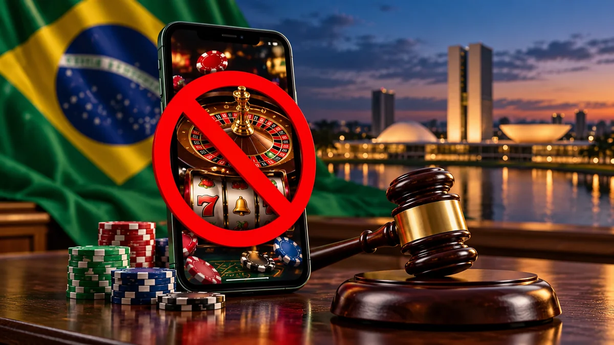 Aparelhos com jogos de cassino e fichas diante de um sinal de proibição e um documento oficial